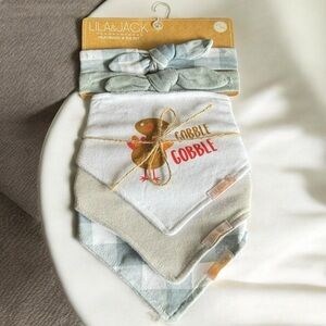 NEW Lila & Jack Set (3) Thanksgiving Holiday Bandana Bibs and (2) Bow Headbands